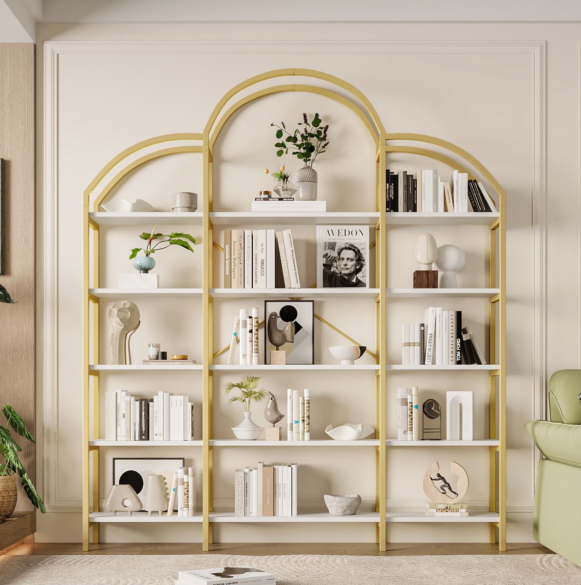 Wishdor Boekenkast - Vijf lagen open opbergruimte - Met wolkenvorm en metalen frame - Modern design - Woonkamer kantoor hal - Bewerkt hout en metaal - Goud wit - 170 x 26 x 190 cm