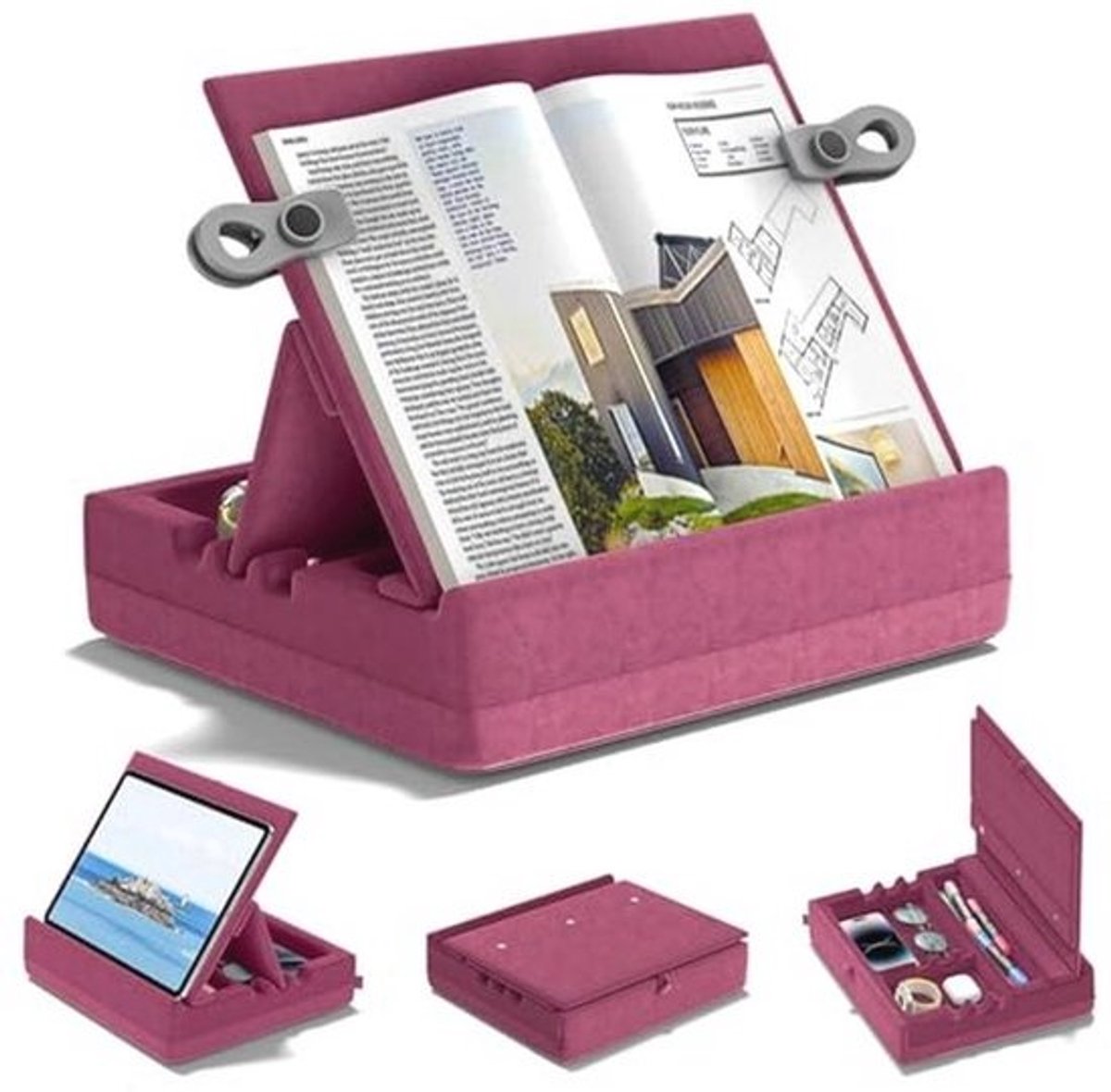 Pillow Book Stand with Storage for Reading, 3 Adjustable Viewing Angles for Tablets and E-Readers