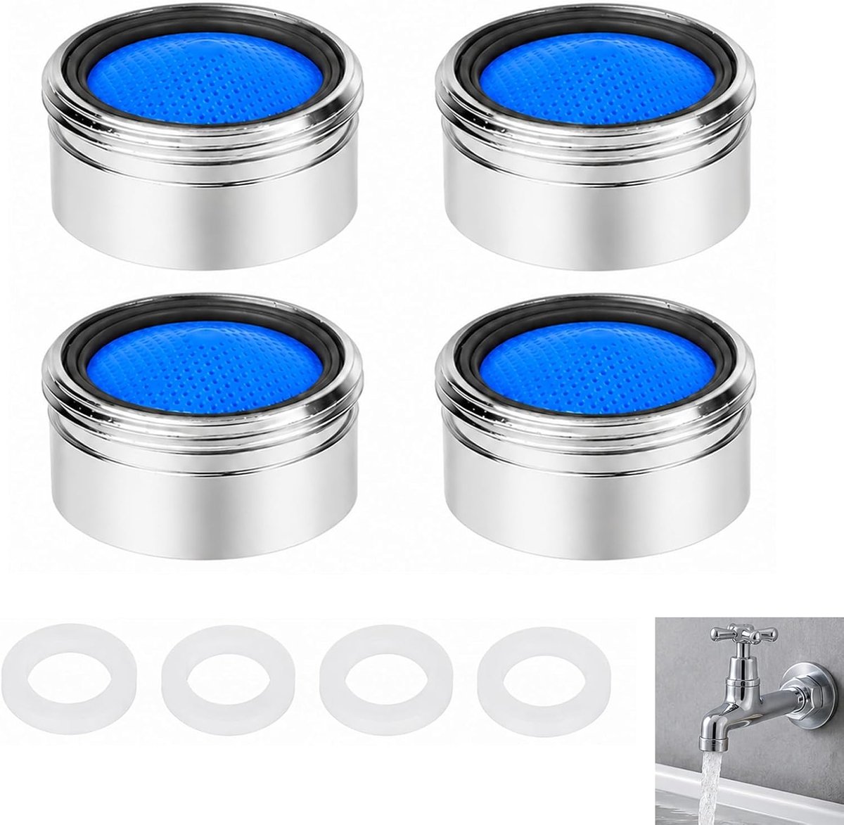 Set van 4 M22 keukenkranen, badkamerbeluchters met buitendraad en ringen, waterbesparende anti-spatbeluchters, duurzaam en eenvoudig te installeren voor alle standaard kranen.