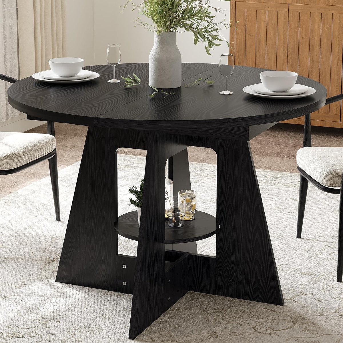 Ronde eettafel met opbergplank – Moderne houten keukentafel – draagvermogen 500 lbs – krasbestendig oppervlak – kruisvoet – 110×110×76 cm – Zwart