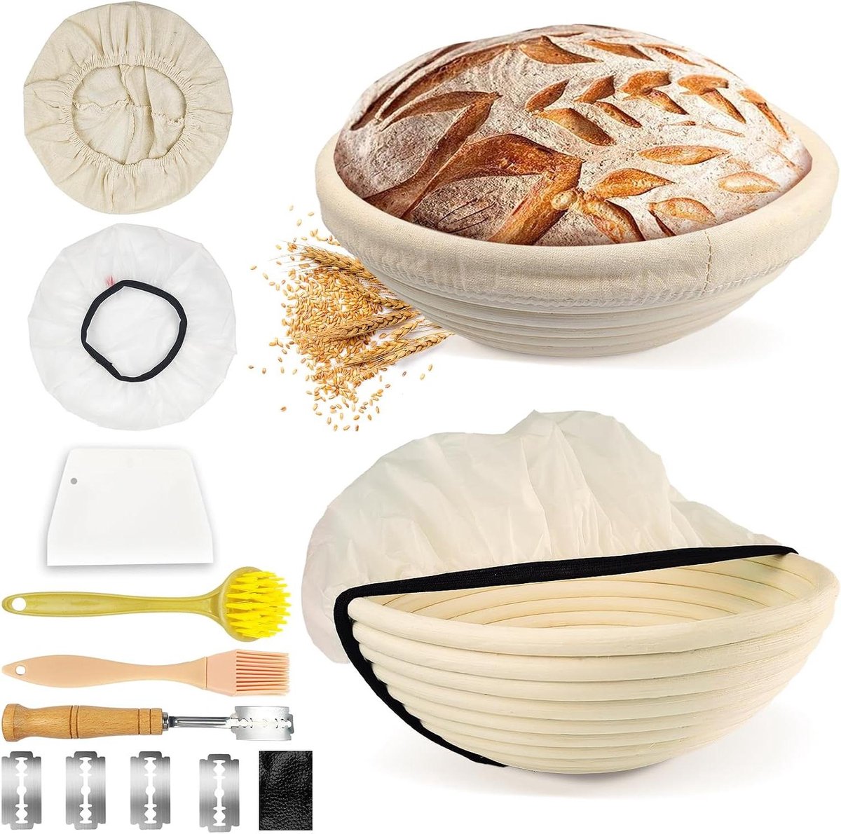 Rijsmandje Brood - Bakmand Set - Brood Bakken - Compleet met accessoires - 23cm Rond - Natuurlijk