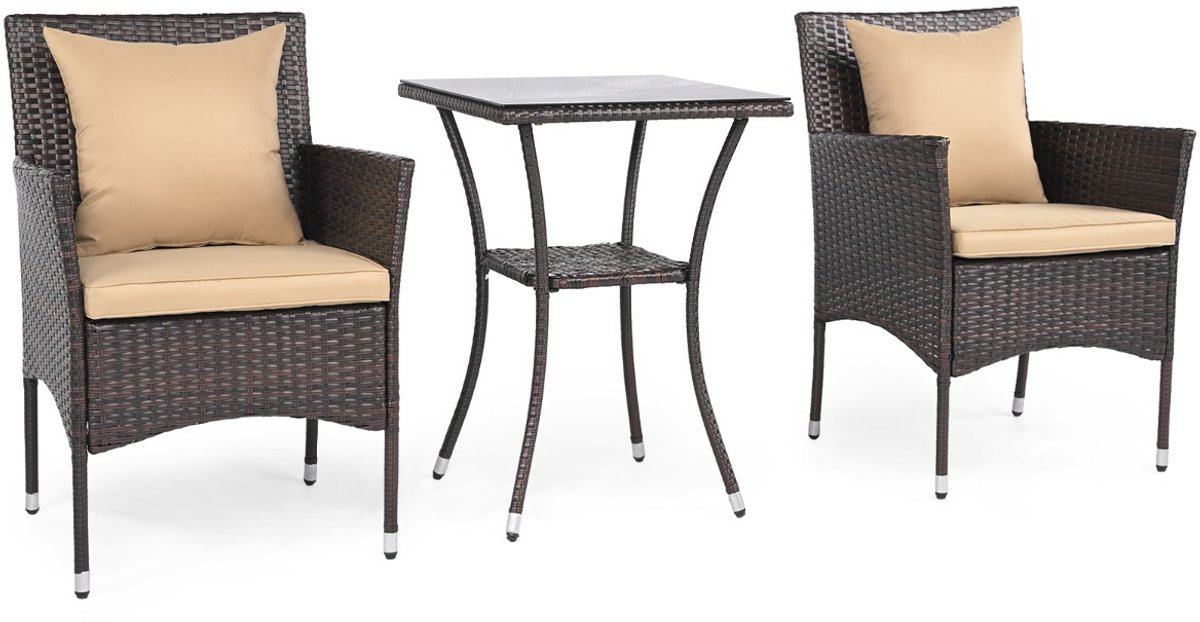 SureDeal® - Tuinset - 3-delige Balkonmeubelset Bestaande - Tafel - Dubbel Gelaagd Gehard - 57x57x82 cm - Bruin