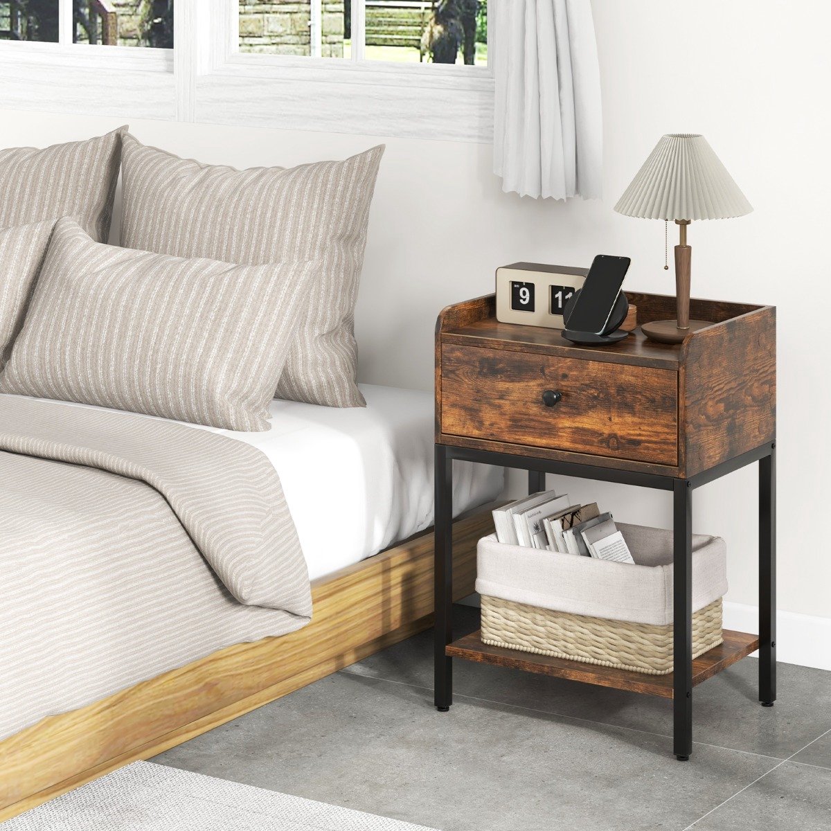 SureDeal® - Nachtkastje - Industriële Bijzettafel - Lade - Opbergplank Geschikt Tafelblad - 42x30x60 cm - Koffiebruin