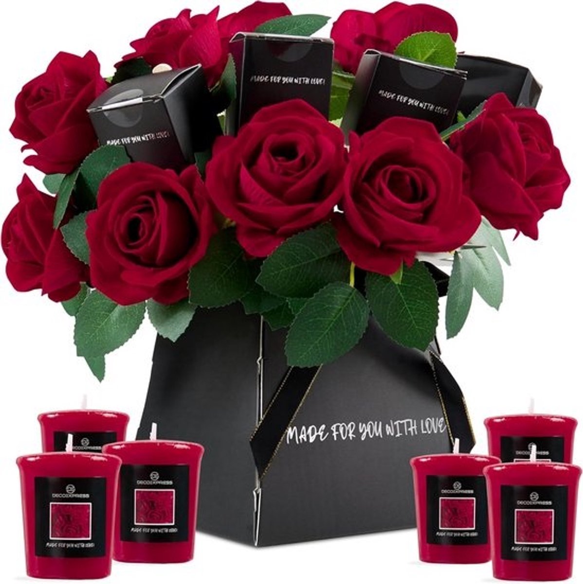 Luxe geschenkdoos met imitatierozen en rozengeurkaarsen, elegante bloemenset in houten doos, ideale geurkaarsen voor huis, romantische thuisdecoratie voor elke gelegenheid