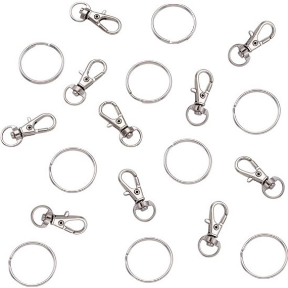20 stuks‑kleine haak‑metalen sleutelhanger‑10 stuks grote visbeksluiting +10 stuks 25mm dubbele ring‑zilverkleurig