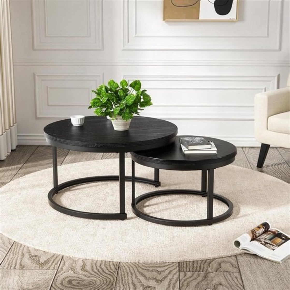 Set van 2 Ronde Bijzettafels Hout en Metaal - Moderne Koffietafels voor Woonkamer en Slaapkamer