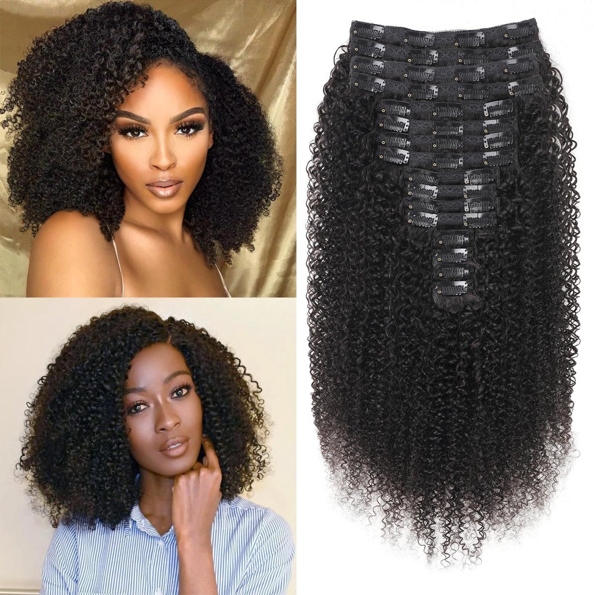 Kinky-Curly haarclip-extensions van echt haar 16 Pieces 240g Natural Black 14+16Inch 36clips - ShopVlot