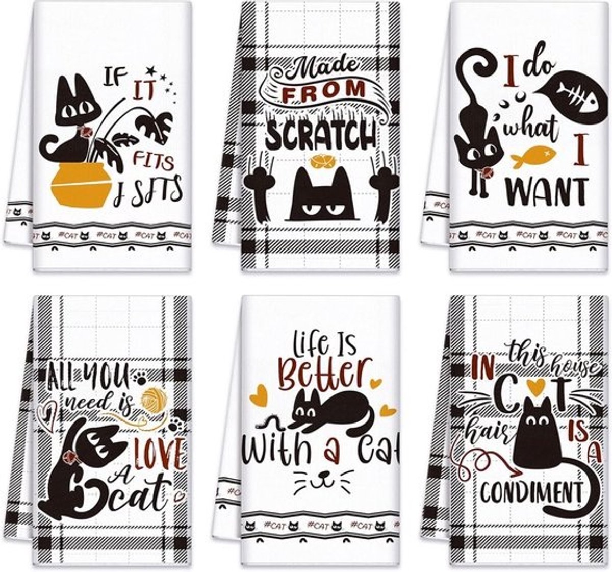 Set van 6 Zwarte Kat Keukenhanddoeken - Decoratieve en Absorberende Vaatdoeken met Lus