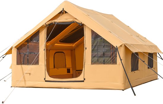 Opblaasbare Campingtent voor 5-8 Personen, Inclusief Handpomp, 4x3x2,2 m Glampingtent met Dakramen, Luifel, Kooktoestelaansluiting, 2 Deuren, Gaasramen en Draagtas — afbeelding 2