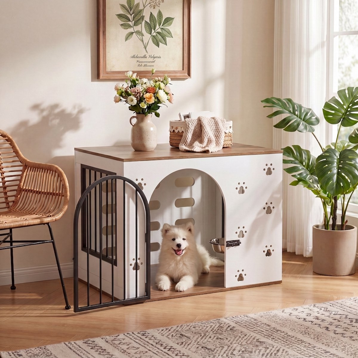 Hondenbench Meubel met Voerstation – Houten Hondenkooi met 2 RVS Voerbakken – Bijzettafel voor Honden – Wit/Naturel