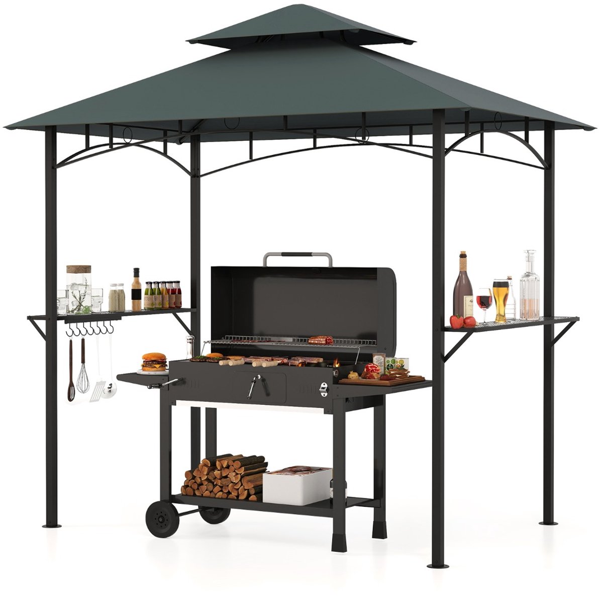 SureDeal® - Partytent - Barbecuepaviljoen Barbecueoverkapping - Dubbel Dak Opbergvakken - Stoffen Dak Weerbestendige - 240x151x255 cm - Grijs