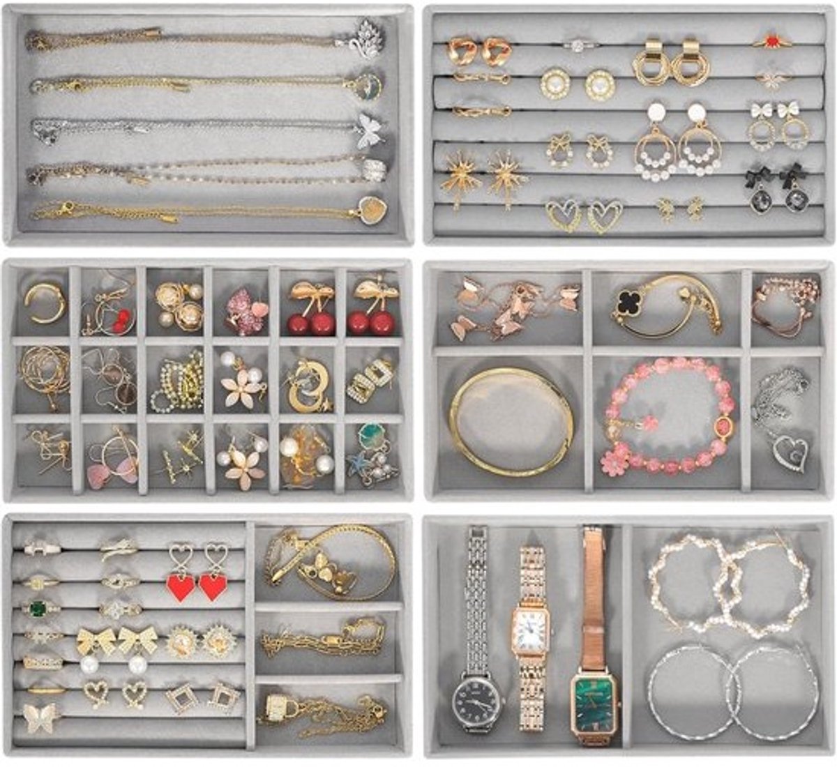 6-delige Sieraden Organizer Set in Fluweel - Lade Inzetstuk voor Ringen, Oorbellen en Armbanden