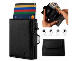 K!DMAN - Portemonnee Heren – Met RFID - Echt Leer Carbon Wallet – Compacte Trifold met Aluminium Kaarthouder, Papiergeldvak & Muntvak – Geleverd in Luxe Cadeaudoos – Zwart
