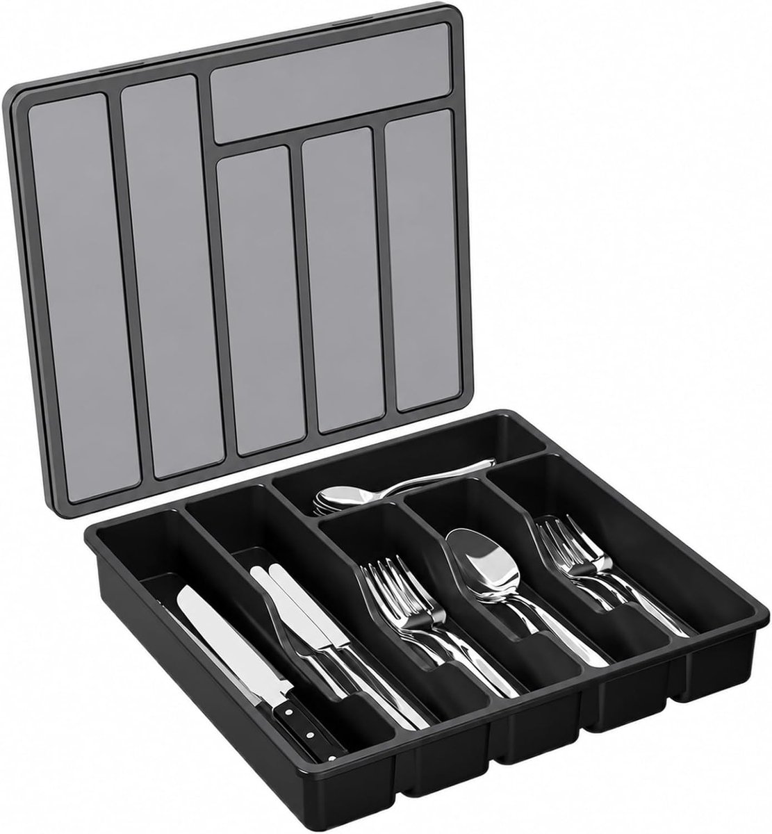 Bestekbak voor laden, zwart, 32 x 30 cm, lade-organizer keuken met 6 vakken, bestekbak van kunststof, bestekopslag met deksel voor vorken, lepels, make-upkwasten en schrijfgerei