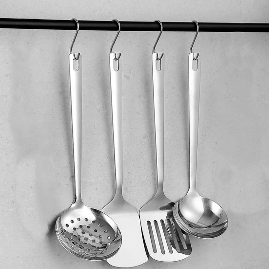 keukengerei, 4-delig, sleufdraaier, solide spatel, schuimspaan en pollepel, roestbestendig, lange steel, ophanglus, vaatwasmachinebestendig, dagelijks koken en serveren — afbeelding 2