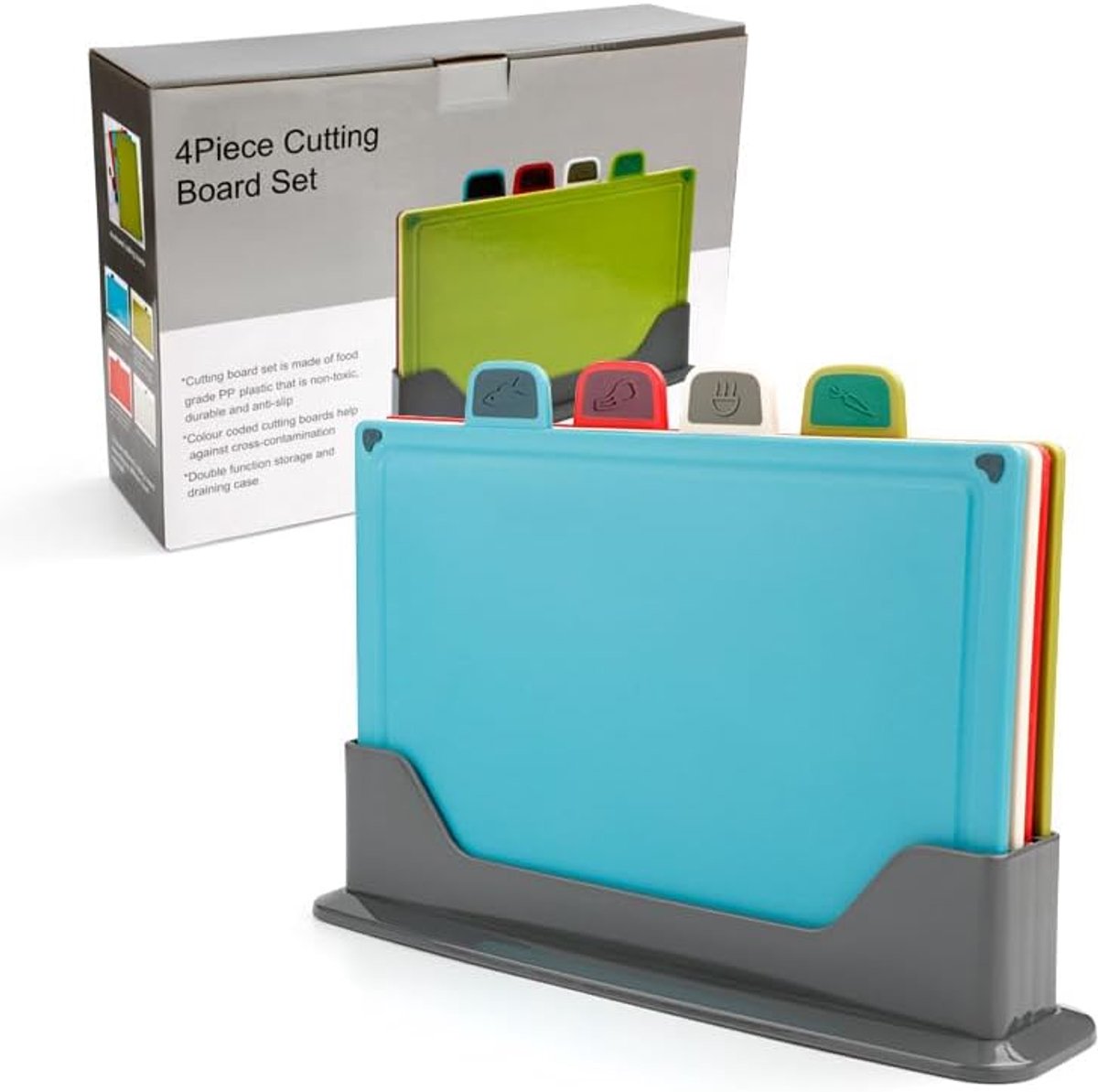gekleurde snijplanken voor keukens, snijplankenset, 4 kleuren met voedselpictogrammen, gemakkelijk schoon te maken en voorkomt voedselkruisbesmetting.