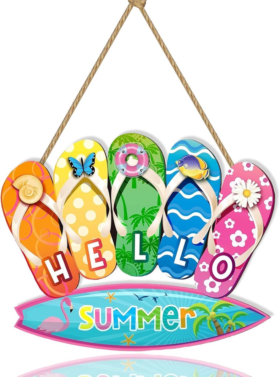 Hangend deurbordje, decoratie, zomer, deur, wanddecoratie, bord, deurbord, rustiek van hout, pantoffels, surfplank, zomer, hangende decoraties voor binnen en buiten, tuin en