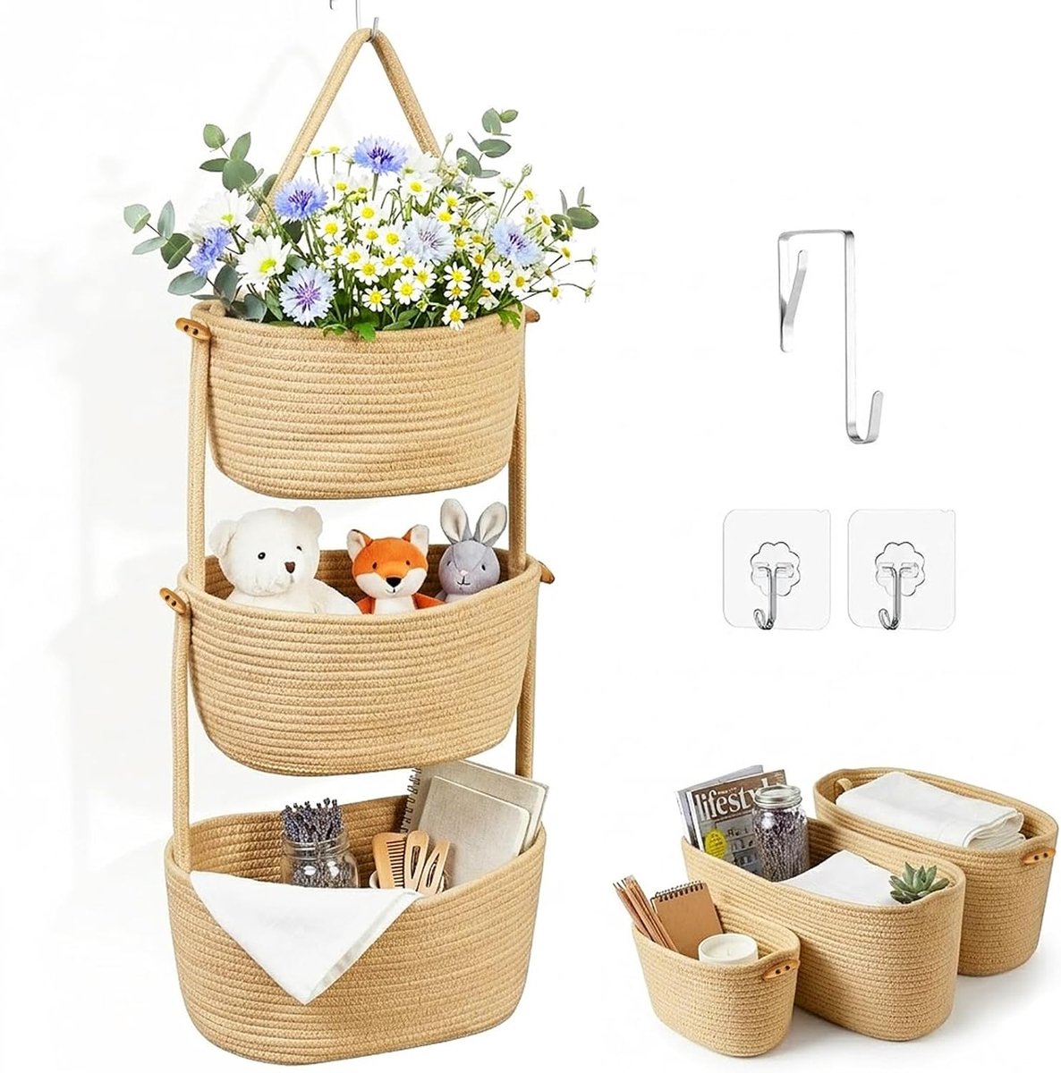 hangorganizer van katoenen touw, 3-traps hangmand voor deur en muur, mosterdgele wandmand voor badkamer, kinderkamer en slaapkamer (A4-geel)