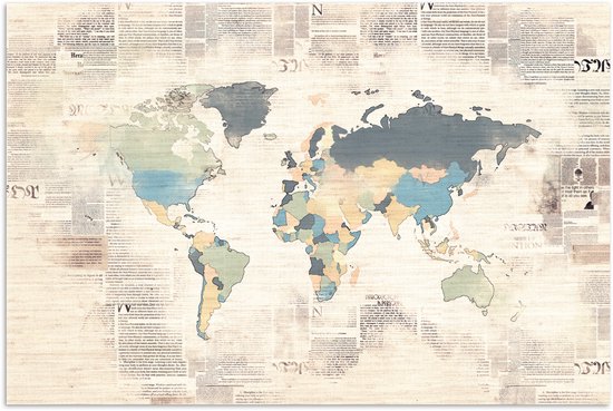 Carte du monde colorée sur du papier journal jauni, un imprimé détaillé.