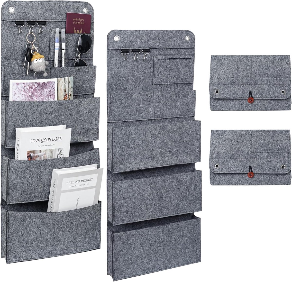 Hangende Opberger, Set van 2 Hangende Organizers, 6 Vakken, 3 Haken, Geschikt voor Deuren, Badkamers, Gangen en Kantoren, Wandopslag voor Ruimtebesparing