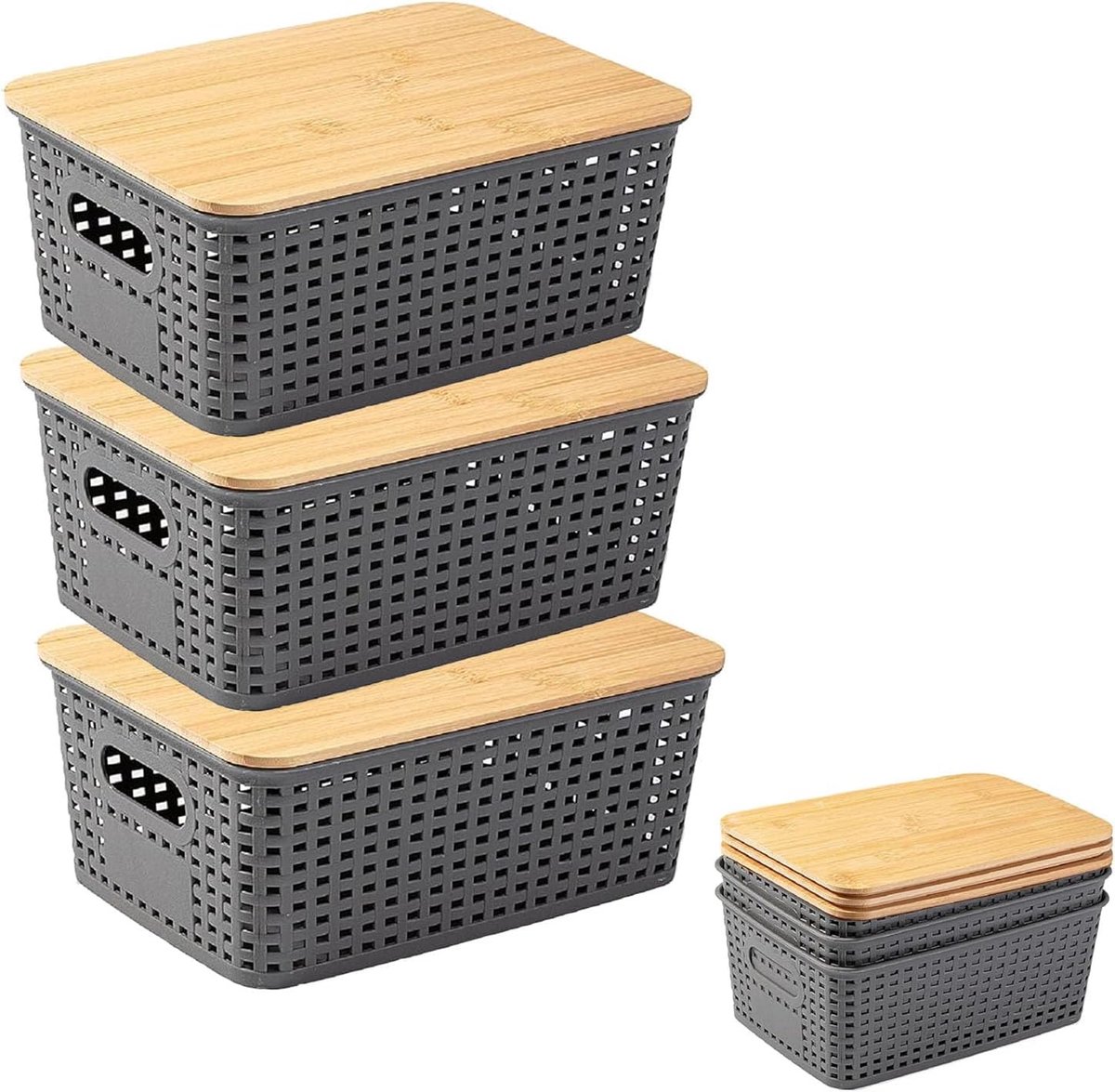Opbergdoos met bamboedeksel, 5 l, kunststof, badkamerorganizer, kleine opbergmand met handvat, stapelbare kisten, opslag met deksel, voor keuken, badkamer, slaapkamer, balkon, planken, 3 stuks, grijs