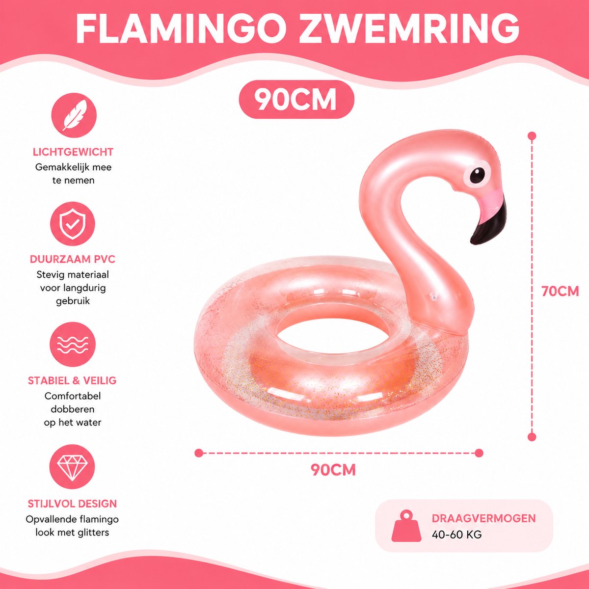 Opblaasbare Flamingo Zwemband 90 cm – Pool Float voor Zwembad & Strand (40–60 kg) – foto 5