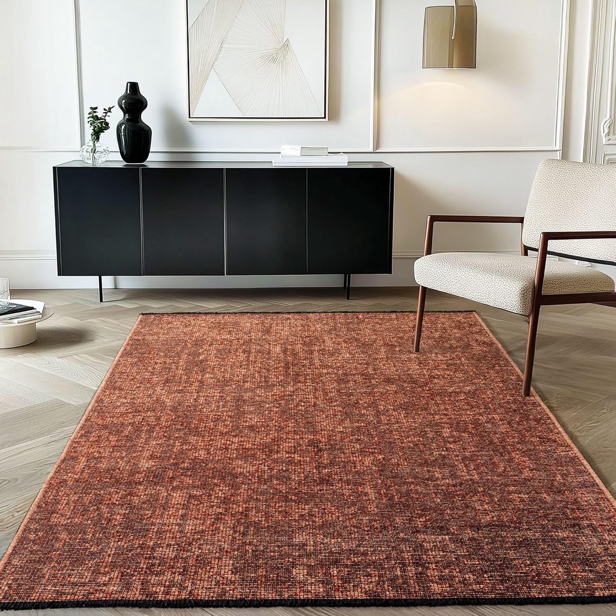 Katoenen Chenille Vloerkleed Terracotta 200x290 cm Wasbaar, Boho Stijl, Vintage Kelim, Korte Stapel, Antislip en Zacht, Effen Mélange, Voor Woonkamer, Slaapkamer, Kantoor en Keuken