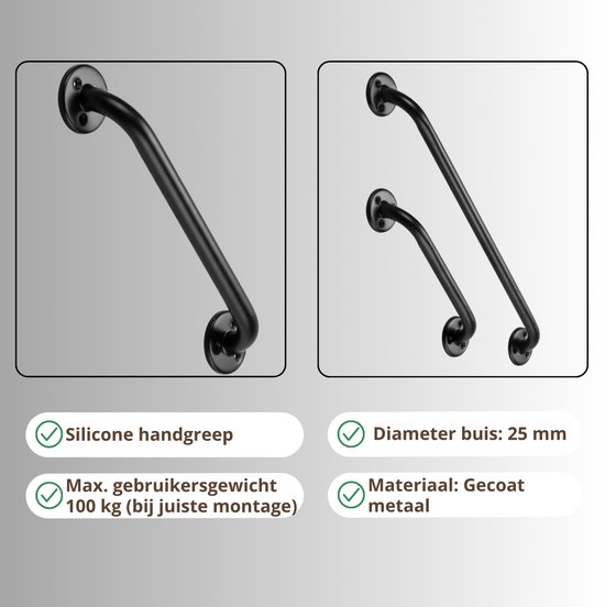 Zwarte wandbeugels. Silicone handgreep. Max. gebruikersgewicht 100 kg.