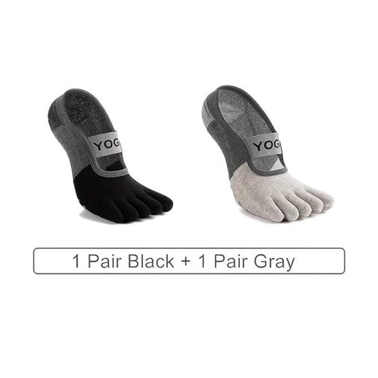 2 paar - Yogasokken - Antislip sokken met vijf tenen - Pilates korte sokken - Zwart, grijs - Ademend - Met antislip nopjes - Geschikt voor Pilates, yoga en algemene oefeningen - Ook geschikt voor Pilates aan de barre en andere oefeningen — afbeelding 4