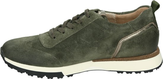 Donkergroene suède sneaker met 'paul green' logo, bruine details en witte zool.