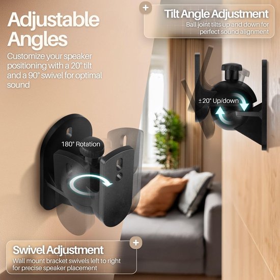 Wandbeugel voor luidsprekers - Beugel voor surround-geluidssysteem - Wand- en plafondbeugels voor luidsprekers Een set - Wandbeugels voor boekenplankluidsprekers - Geschikt voor maximaal 7,7 lbs - zwart - Set van 2 stuks — afbeelding 4