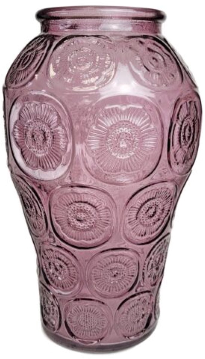 MPLCo Bloemenvaas - Vaas - Glazen Vaas - Bloemenvaas met Reliëf Bloemenpatroon - Decoratieve Vaas voor Verse & Droogbloemen - Ø9.5 x 24 cm - Transparant Paars