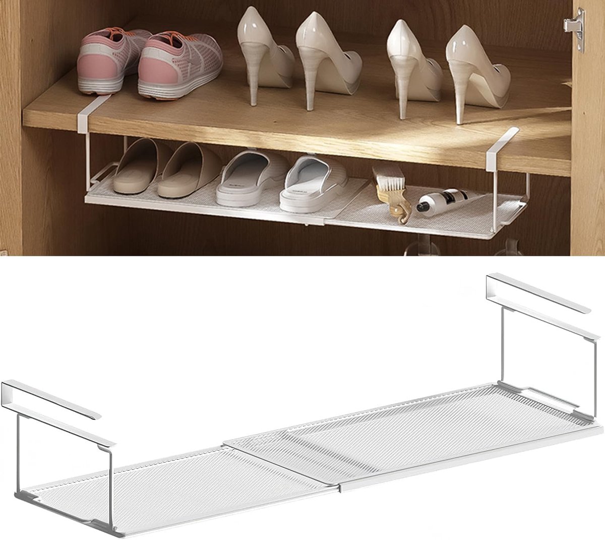 Onderrek met verstelbare metalen hangmand van 38-70 cm, organizer, kastmanden, opvouwbaar draadrooster, opbergrek voor keukenkasten, schoenenkasten, kledingkasten (wit)