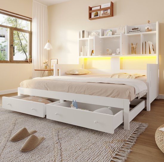 FloraGrace Canapé-lit 90x190 cm - Extensible jusqu'à 180x190 cm avec LED et prise de courant - Avec rangement et tiroirs - Bois - Blanc - Sans matelas