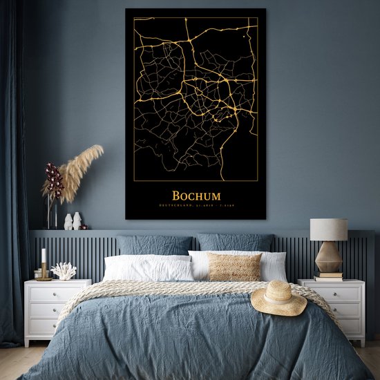 Poster 120x180 cm - Kaart - Bochum - Goud - Zwart - Posters - Kamer decoratie - Wanddecoratie woonkamer - Muurdecoratie slaapkamer XXL