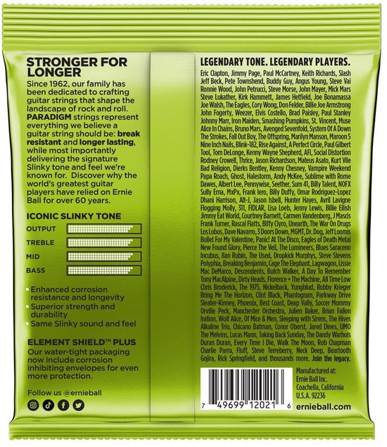 Ernie Ball productinformatie met "Stronger for Longer" en "Legendary Tone. Legendary Players.".