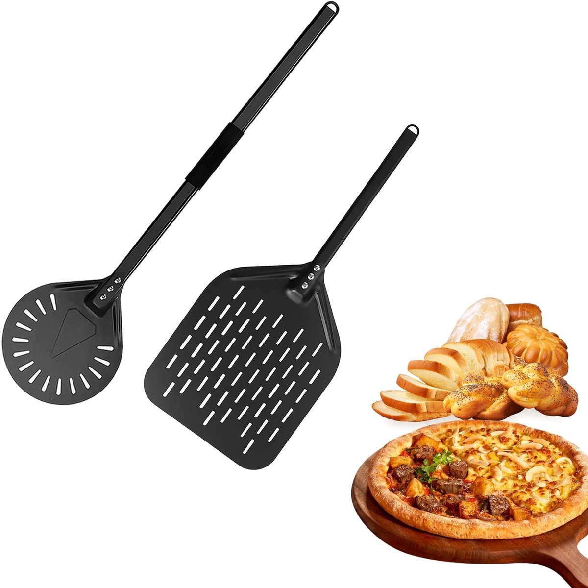 Dailygoods- Pizzaschep 12 Inch Ronde Schep - Pizzaspatel 8 Inch Vierkante Spatel - Aluminium Antislip Handgreep - Voor Thuis Pizza/Brood Bakken - 80 cm/40 cm Handvat - Bakspade