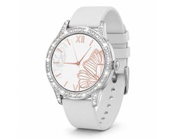 Knobbout 1,27 Inch Dames Sierlijke Smartwatch met Strass– HD Touchscreen – Hartslag-, Bloeddruk- & Zuurstofmeting – Slaapmonitor – Ademhalingstraining – Menstruatiecyclus – AI-Spraakassistent – IP68 Waterdicht – Wit Silicone Band