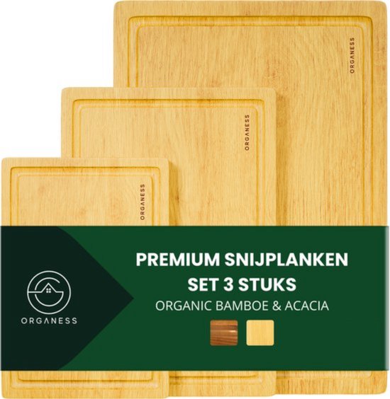 Organess 3-Delige Snijplankenset (38x25.3 / 30.5x20 / 23x15.2 cm) - Voor Keuken, Snijplanken, Serveerplank, Kaasplank, Borrelplank en Tapasplank - Snijplank Bamboe Hout