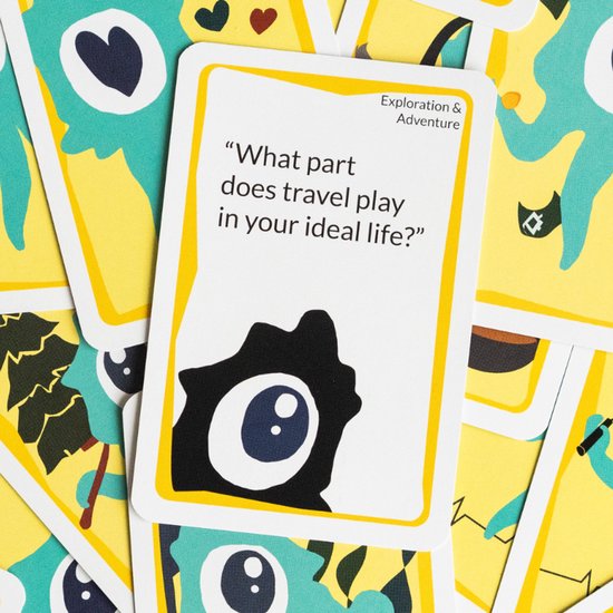 Kaart met de tekst 'What part does travel play in your ideal life?' en een zwart monster-icoon, omringd door kaarten met gele en blauwe patronen.