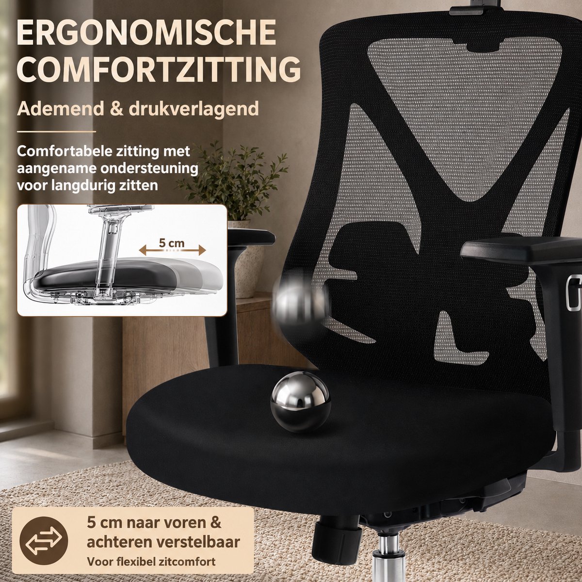 Durrafy Ergonomische Bureaustoel 200 kg - Computerstoel met 2D Hoofdsteun, 3D Armleuningen, Lendensteun, Zitdiepteverstelling en Ademend Mesh thumbnail 6