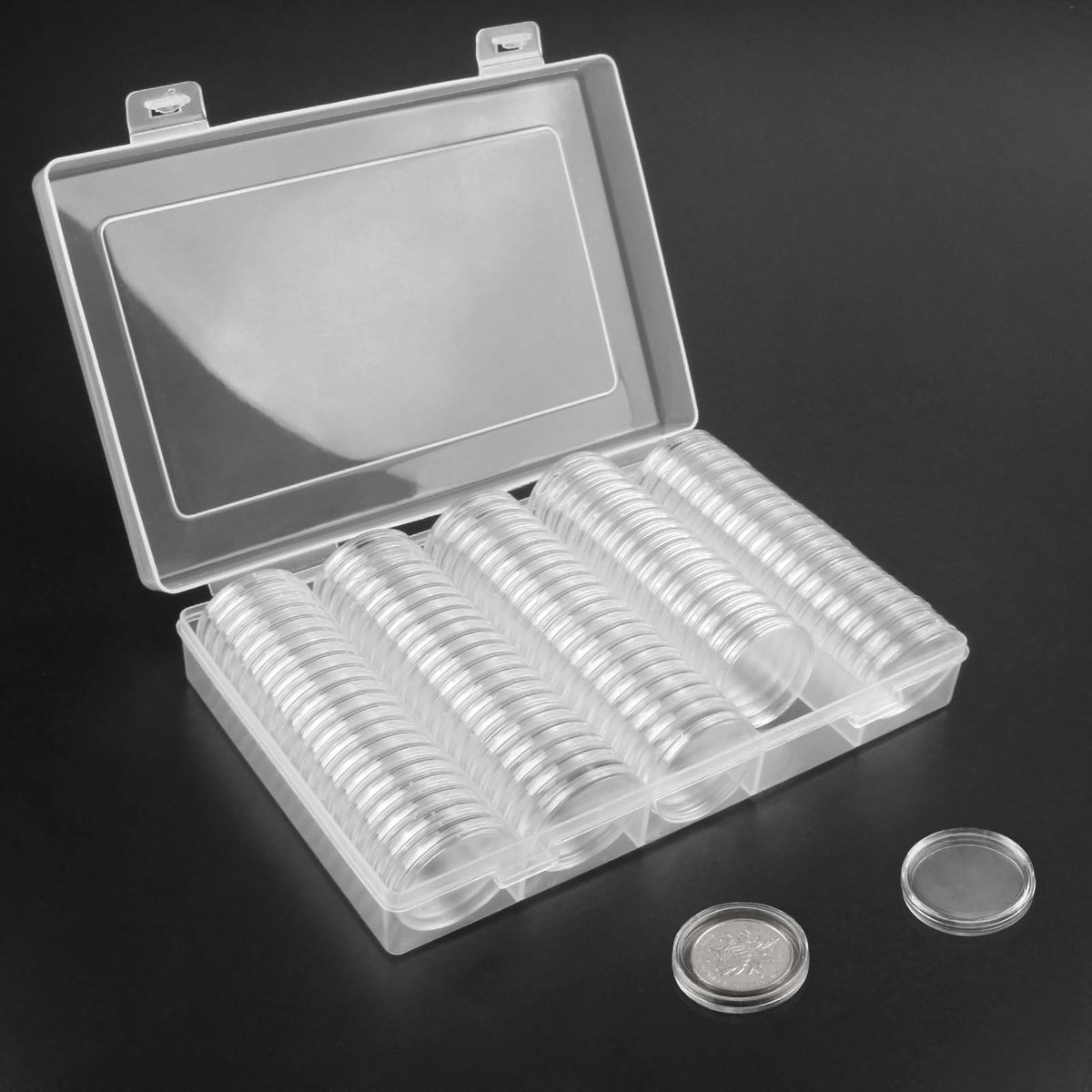 Dailygoods - 100 pieces transparent coin capsules and 1 storage box round coin sleeves coin capsules 30mm for 2 euro coins storage coin collection coin display