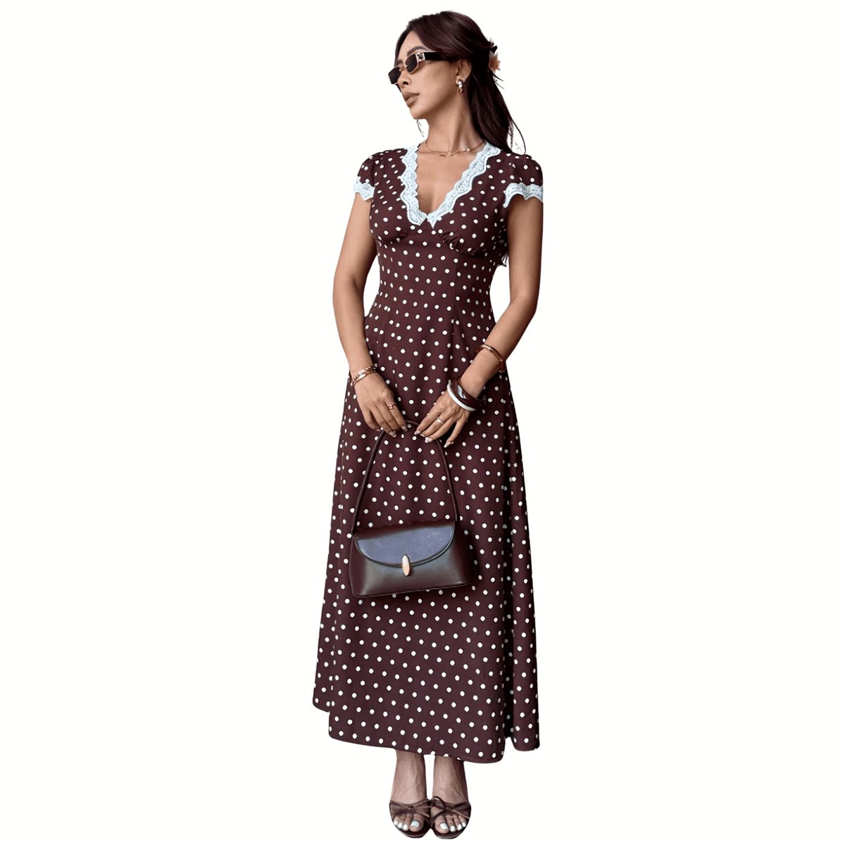 Currero Jurk Met Polkadots Stippen Zomerjurk Dames Zomerjurken Midi Jurk Volwassenen Ibiza Stijl Sundress Dress Koffie XL Bruin
