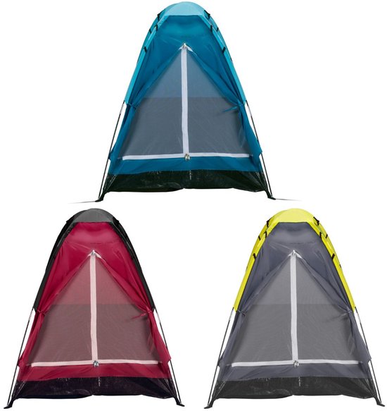 Drie koepeltenten in het blauw, rood en geel/grijs.