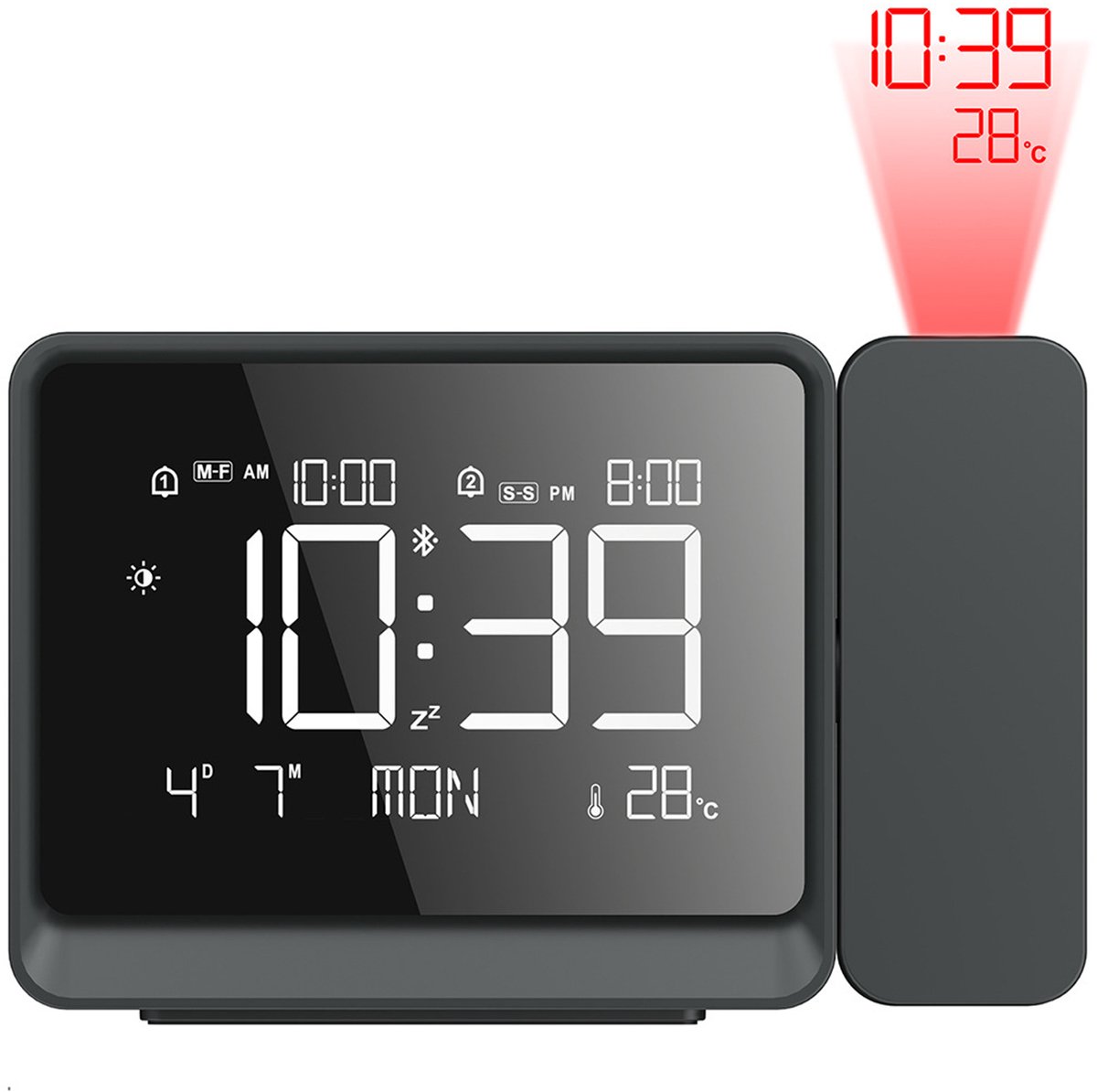 carmdering - Digitale Projectie Wekker - Digitale Projektor Klok - LCD Projectie Alarmklok - 180° Draaibaar Projectiescherm - Bluetooth Tijd Synchronisatie - ABS Kunststof Behuizing - Automatische Nachtlicht Modus - Ideaal Voor Nachtelijk Aflezen