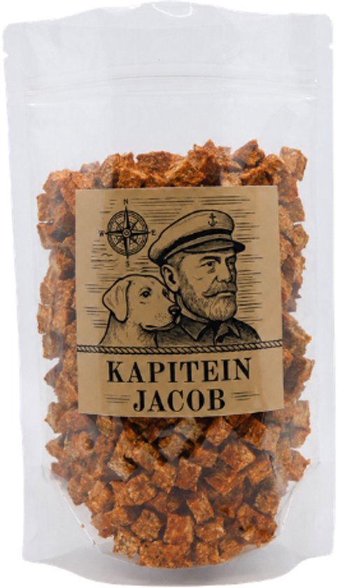 Zak met hondenvoer, label met "Kapitein Jacob", een hond en een man met kapiteinspet.