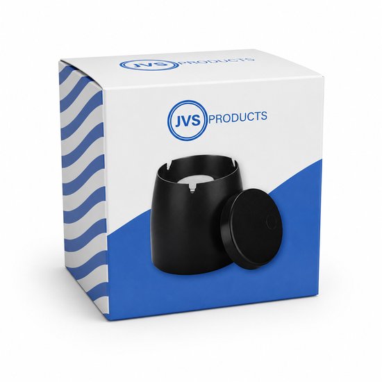 Verpakking van JVS Products met een afbeelding van de zwarte asbak.