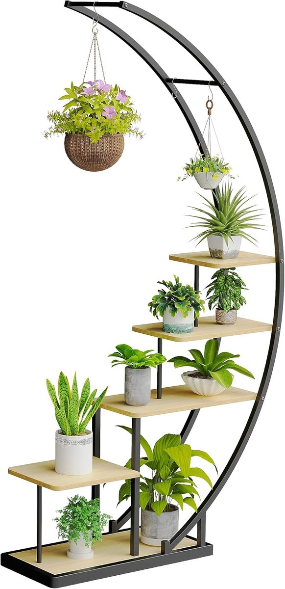 5-traps metalen plantenstandaard in halve maanvorm, 172 cm, plantenrek met 5 planken en haken, hoge bloemenstandaard, plantentrap met kantelbeveiliging voor balkon, woonkamer, terras (1 stuk,