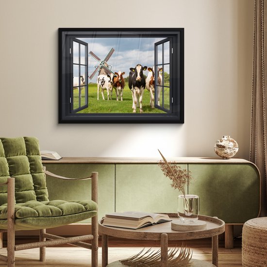 Poster in lijst - Fotolijst 80x60 cm - Posters - Doorkijk - Koe - Molen - Koeien - Weiland - Gras - Groen - Posterlijst zwart - Decoratie - Wanddecoratie woonkamer - Muurdecoratie slaapkamer