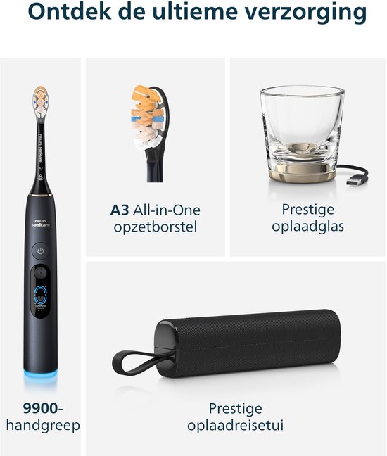 Layout van de Philips Sonicare 9900 Prestige: handvat, opzetborstel, oplaadglas en reisetui.